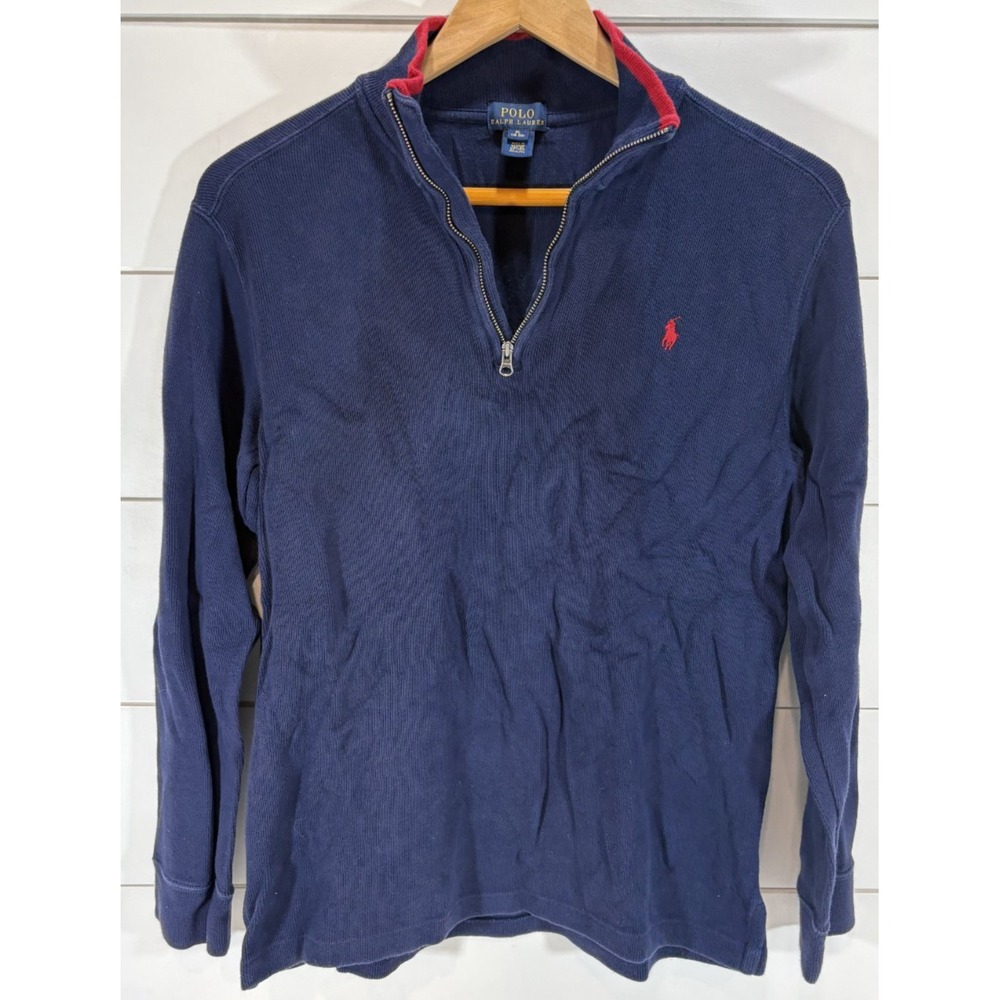 Polo Ralph Lauren 1/4 Zip Sweater Youth XL 18-20 Navy Logo Pullover Top Red Trim